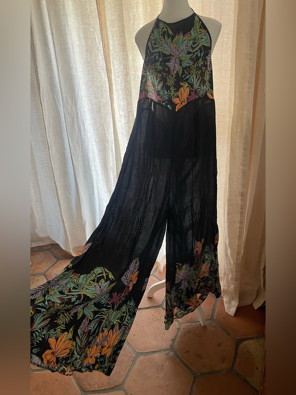 Intimately Free People Sleeveless Black Lace-Back Floral-Trim Wide Leg Jumpsuit - Picture 2 of 14